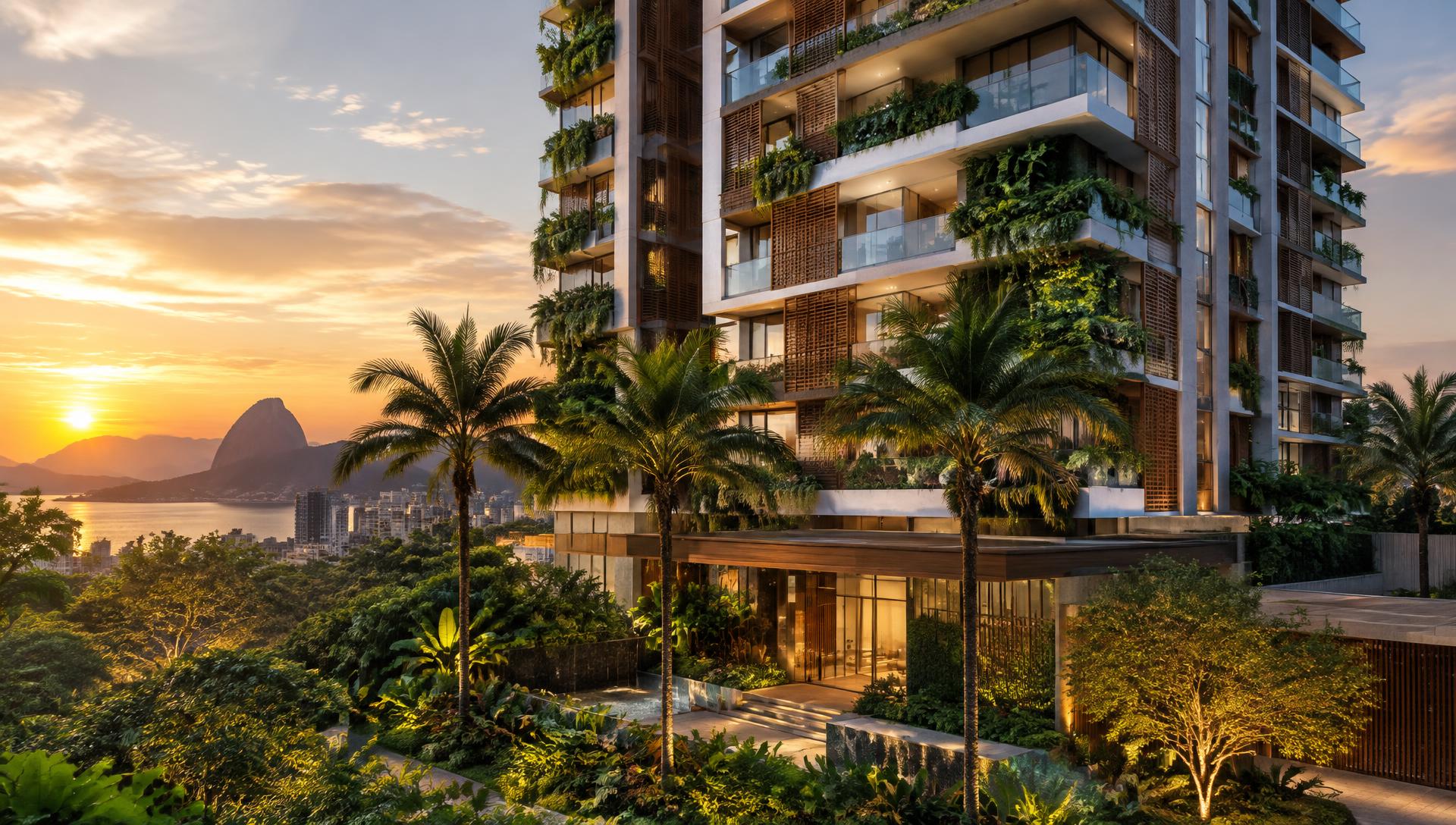 Fachada do Green View com área verde na Barra da Tijuca